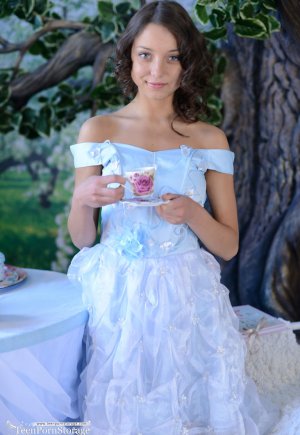 Сладкая тинка Фокси Ди снимает красивое платье и трусики для сольных поз картинка 3